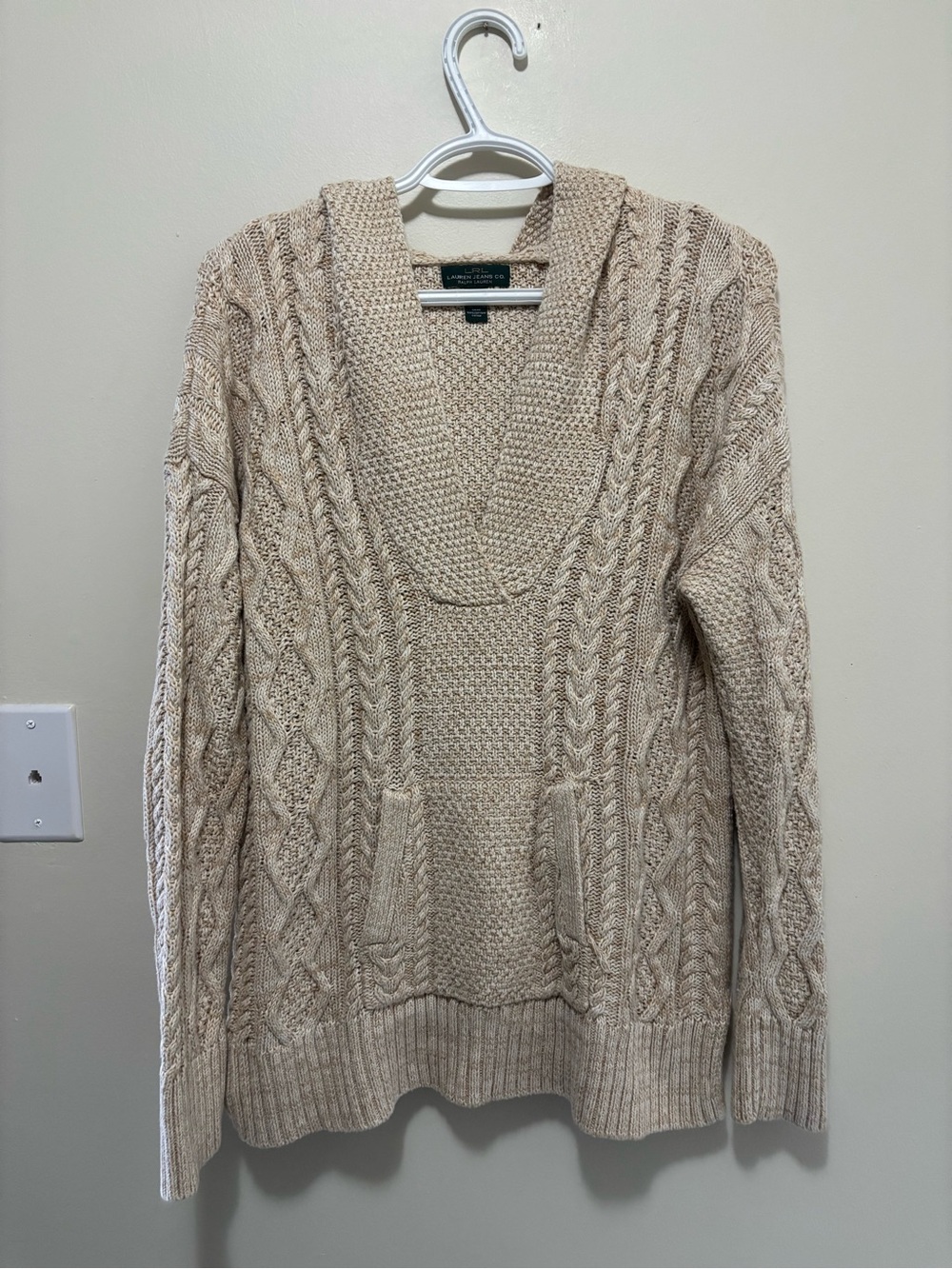Lauren Ralph Lauren Jeans Co Cream Cable Knit Cotton Hooded Sweater Size L